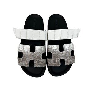 BNIB HERMES Himalaya Matte Crocodile Chypre White & Gray Sandals - US 6